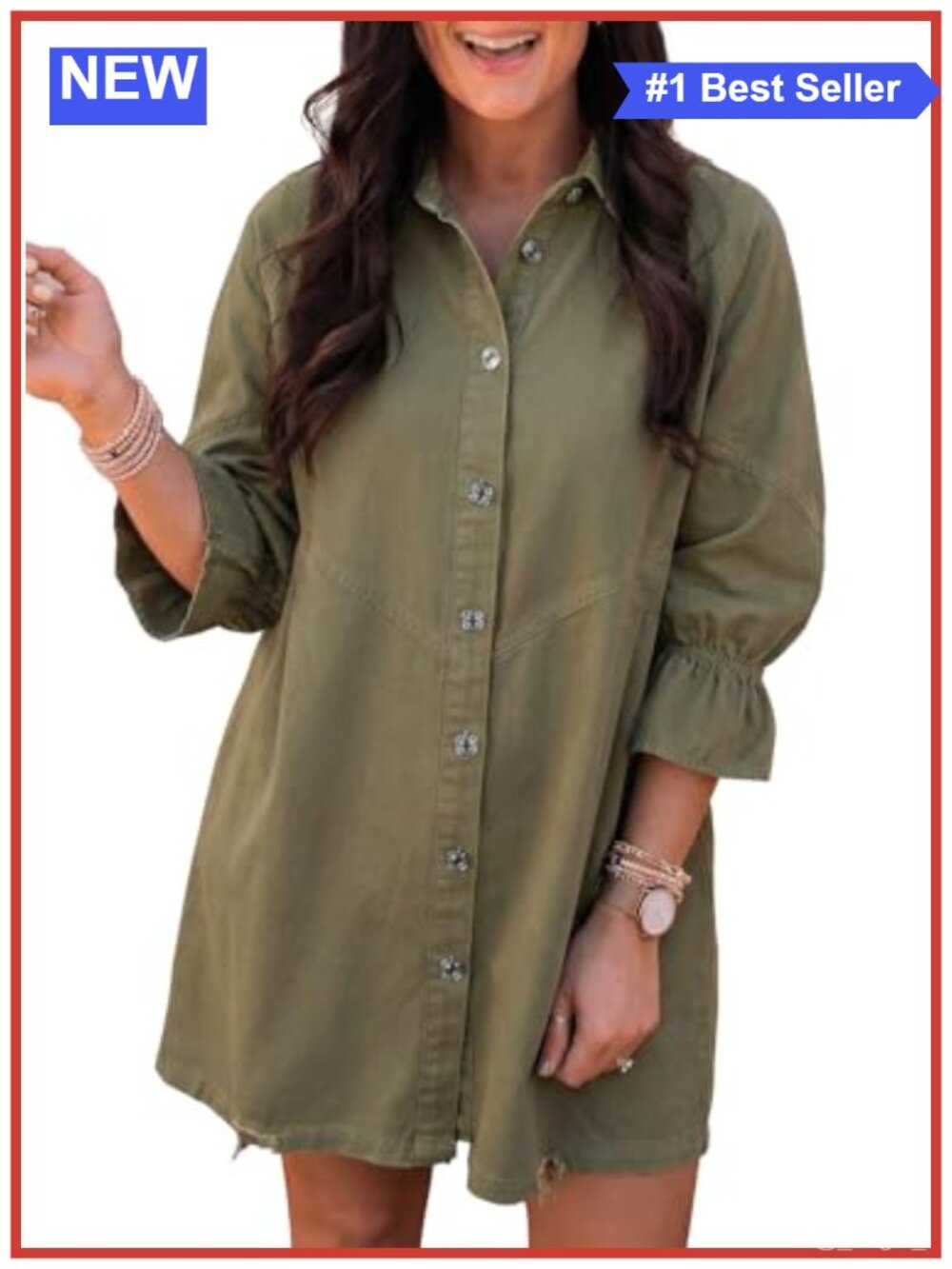 Women's Smocked 3/4 Sleeve Button Down Denim Mini Shift Dress